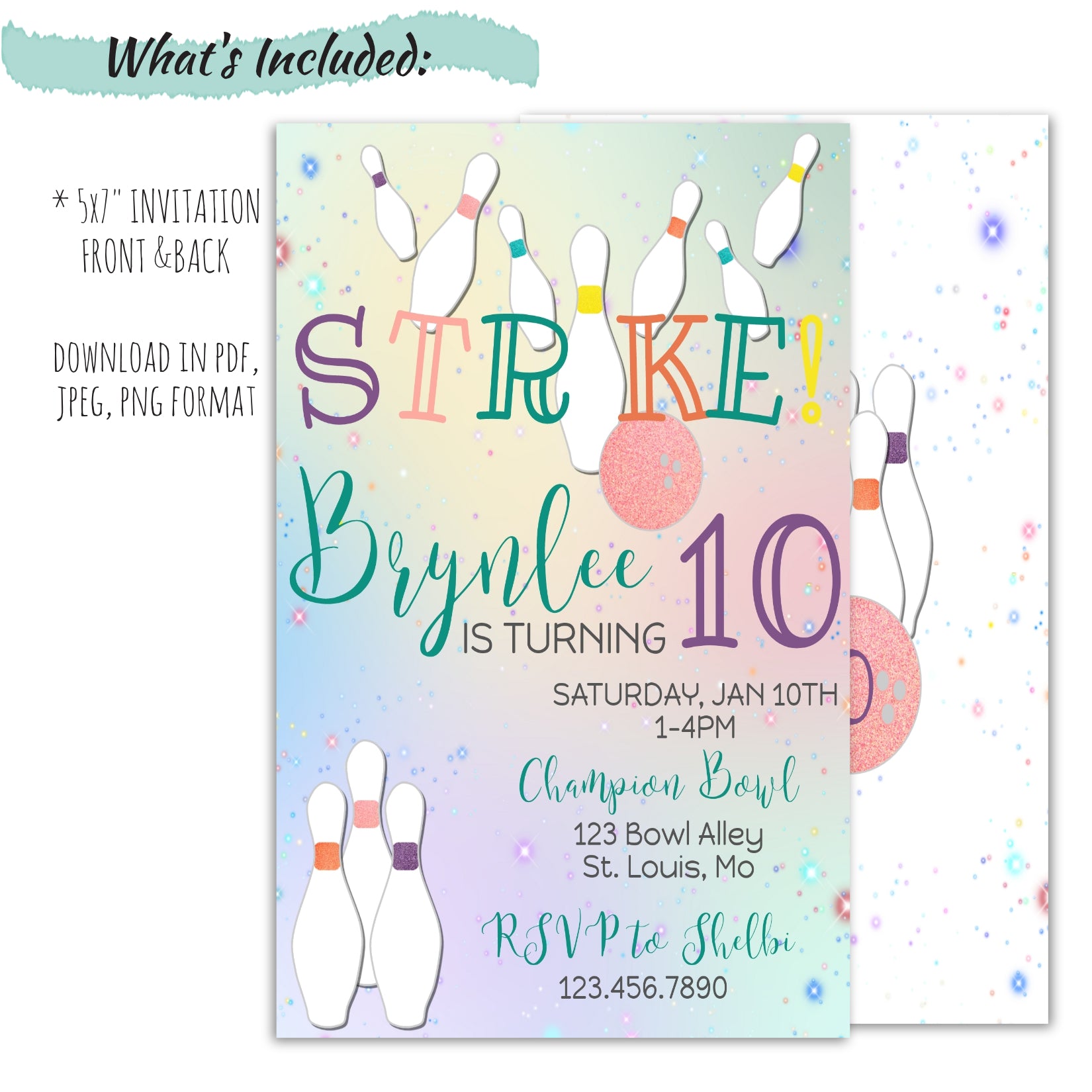 Girls Birthday Bowling Party Invitation | Instantly Edit, Download, & Print From any Device | Demo Before You Buy | Unlimited Downloads!, Birthday Invite, designLEE Studio, designLEE Studio
