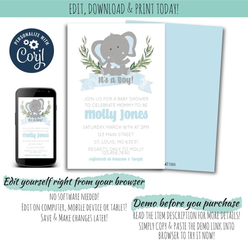 Elephant Baby Shower Party Invitation Set For a Boy | Baby Elephant Baby Shower Invitation, Baby Shower, designLEE Studio, designLEE Studio
