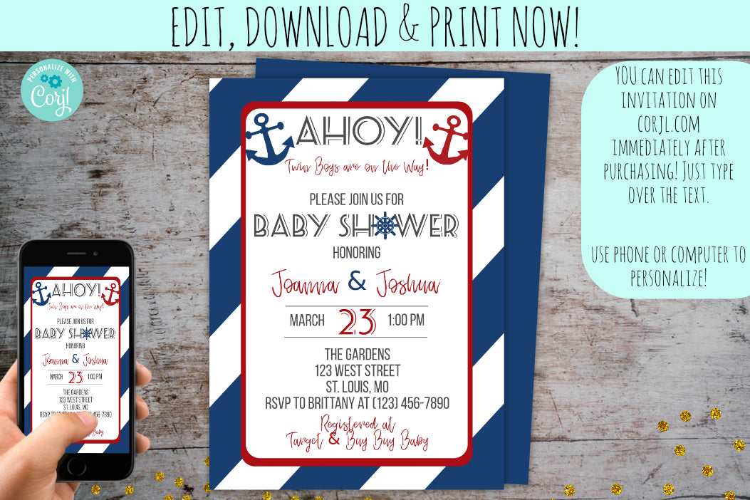 Nautical Navy Baby Shower Invitation Package | Ahoy, It's A Boy Party Package, Baby Shower, designLEE Studio, designLEE Studio