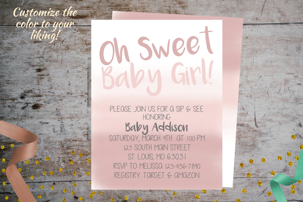 Pink Ombre Sip & See Invitation For a Girl | Meet & Greet Invite Pink Ombre, Meet & Greet, designLEE Studio, designLEE Studio