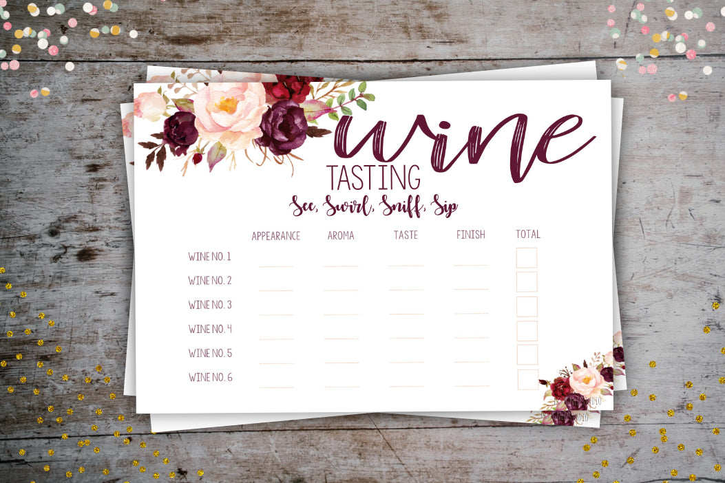 Wine Tasting Score Card | Floral Wine Themed Party Game-Digital Download, Digital Download, designLEE Studio, designLEE Studio