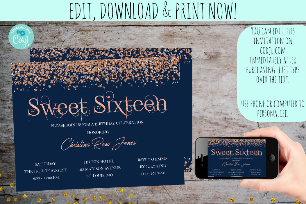 Rose Gold Sweet Sixteen Glitter Invitation | Rose Gold Glitter Navy, Birthday Invite, designLEE Studio, designLEE Studio