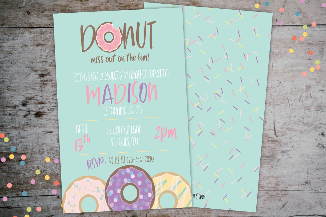 Donut Birthday Party | Donut Grow Up Birthday Invitation, Birthday Invite, designLEE Studio, designLEE Studio