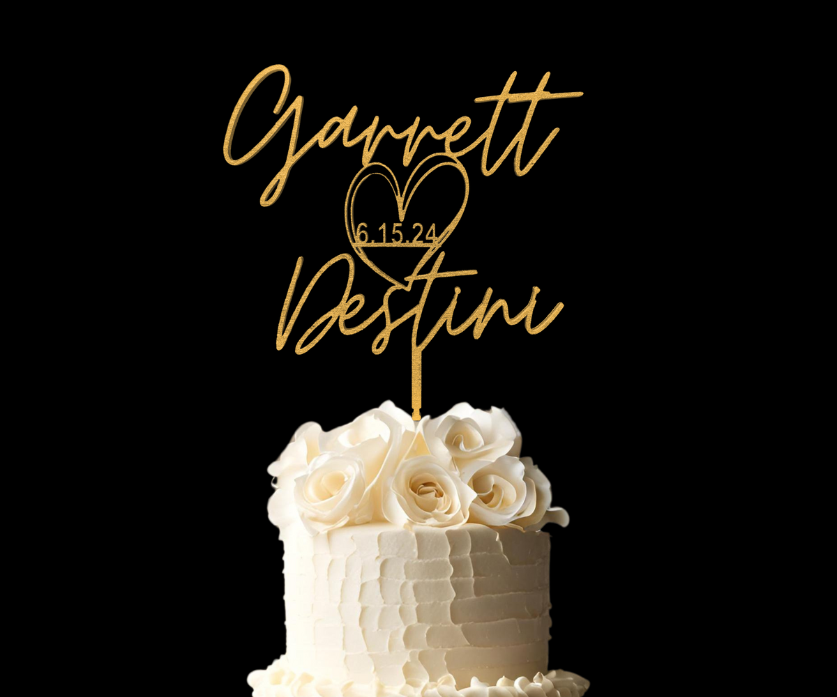 Personalized Wedding Cake Topper with Heart &amp; Wedding Date Couples Name Engagement Cake Topper Wedding Decor Rustic Cake Topper
