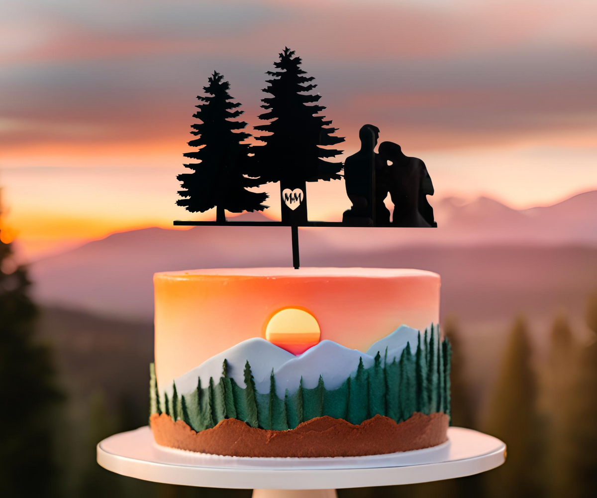 Custom Wedding Cake Topper Personalized Cake Topper for Wedding Gift Mountain Cake Topper Silhouette Anniversary Cake Topper Made with Wood