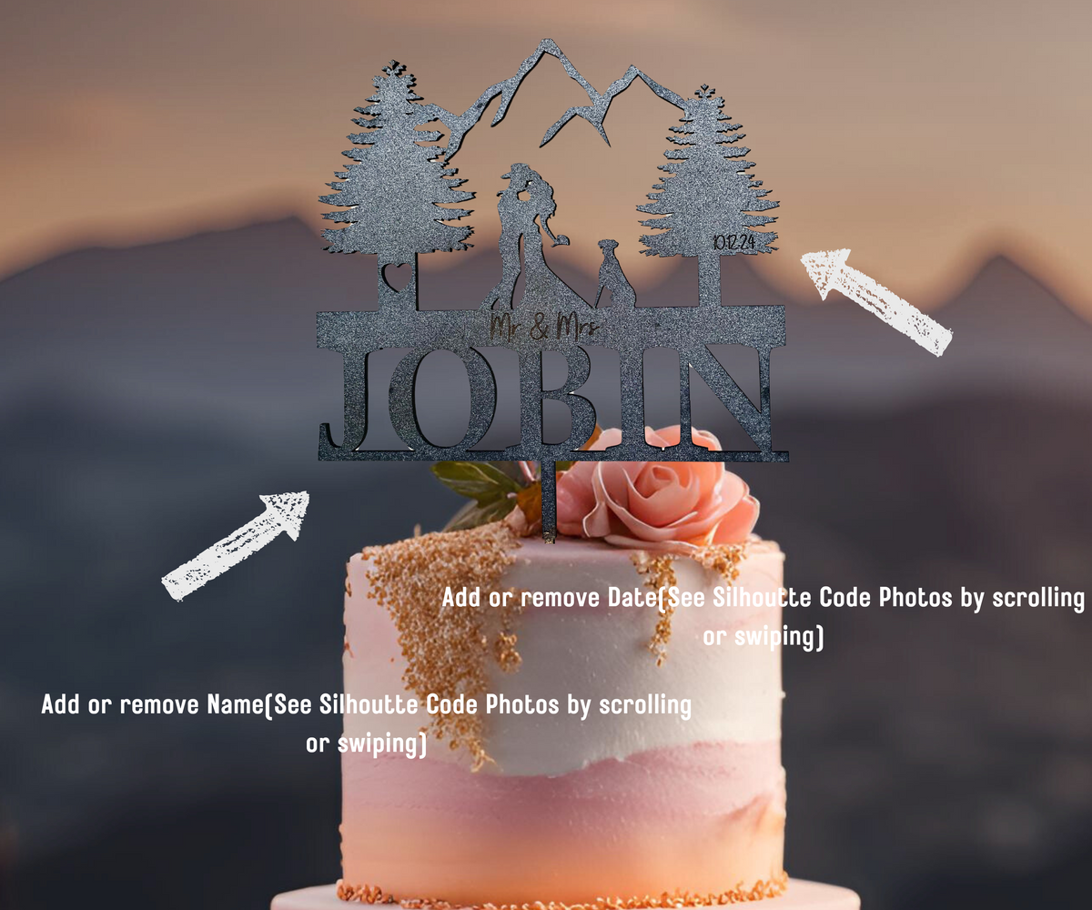 Custom Wedding Cake Topper Personalized Cake Topper for Wedding Gift Mountain Cake Topper Silhouette Anniversary Cake Topper Made with Wood