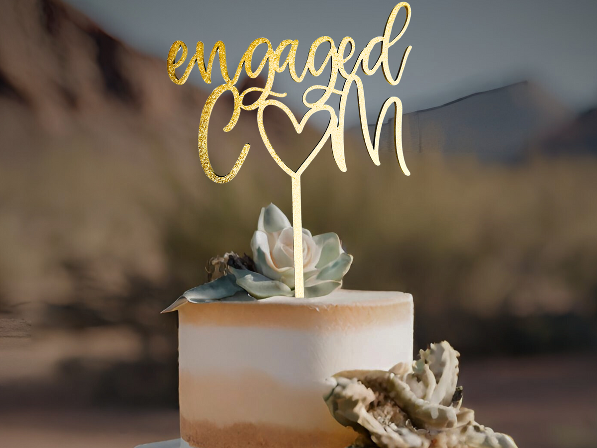 Custom Engagement Cake Topper Personalized Script Initials Cake Topper Gold Wedding Cake Topper Heart Cake Topper Wood Cake Topper