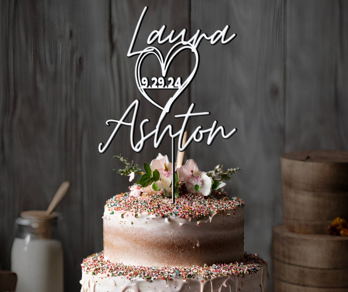 Personalized Wedding Cake Topper with Heart &amp; Wedding Date Couples Name Engagement Cake Topper Wedding Decor Rustic Cake Topper