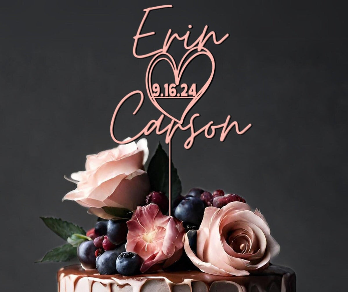 Cake Topper Wedding Personalized Couples Name Engagement Cake Topper Include Heart &amp; Date Rustic Cake Topper for Bridal Shower Gift Wedding