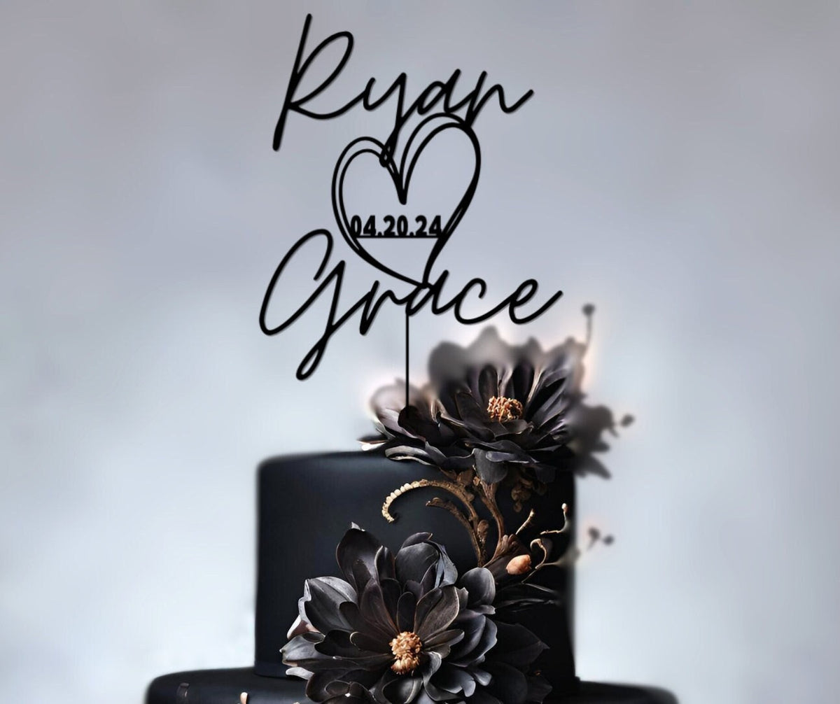 Personalized Wedding Cake Topper with Heart &amp; Wedding Date Couples Name Engagement Cake Topper Wedding Decor Rustic Cake Topper