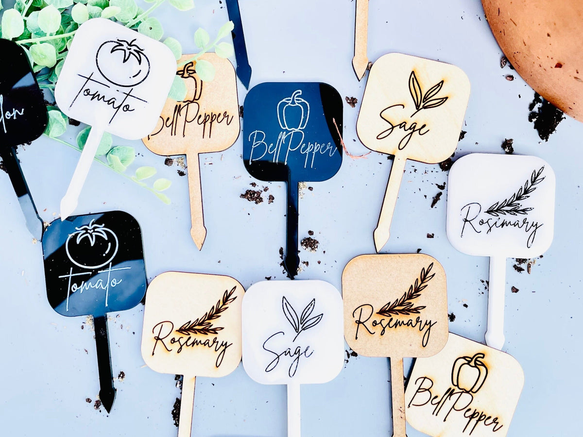 Custom Garden Markers for Herb, Fruit, and Veggie Garden. Made of Wood or Acrylic Veggie Plant Stakes and Herb Markers by designLEE Studio