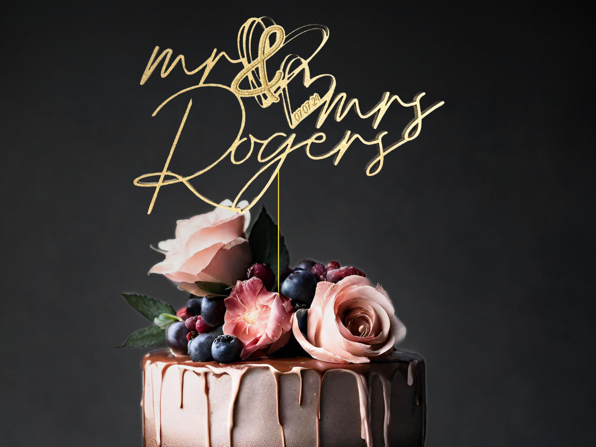 Personalized Wedding Cake Topper with Heart &amp; Wedding Date Couples Name Engagement Cake Topper Wedding Decor Rustic Cake Topper