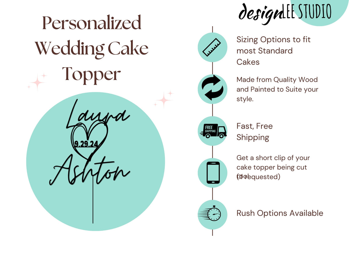 Personalized Wedding Cake Topper with Heart &amp; Wedding Date Couples Name Engagement Cake Topper Wedding Decor Rustic Cake Topper