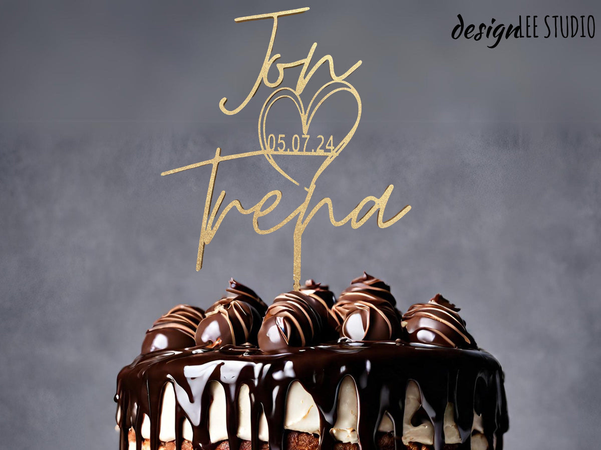 Personalized Wedding Cake Topper with Heart &amp; Wedding Date Couples Name Engagement Cake Topper Wedding Decor Rustic Cake Topper