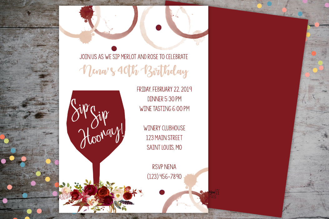 Wine Themed 40th Birthday Invitation | Floral Wine Glass, Birthday Invite, designLEE Studio, designLEE Studio
