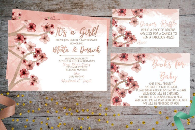 Cherry Blossom Baby Shower Invitation Party Package | Pink Floral Watercolor, Baby Shower Party Package, designLEE Studio, designLEE Studio