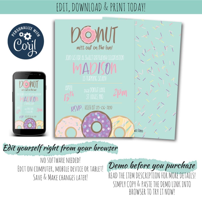 Donut Grow Up 5x7 Birthday Party Invitation with Blank Envelopes or DI –  Nesting Project LLC