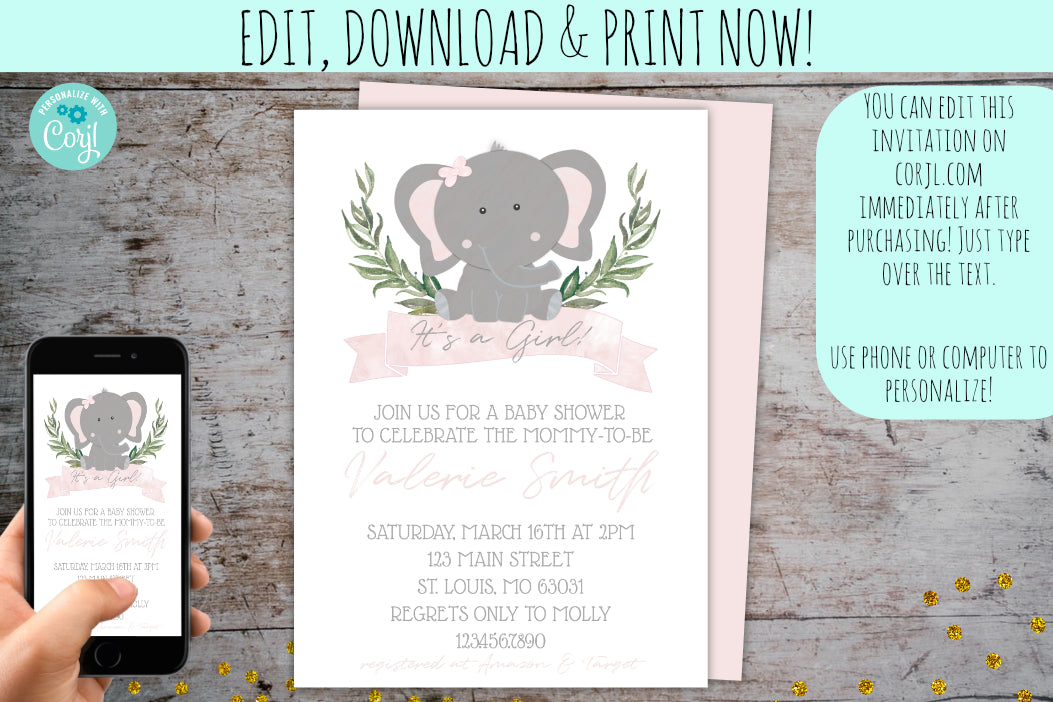 Elephant Baby Shower Invitation Package For A Girl | Baby Elephant Pink Watercolor Invite, Baby Shower, designLEE Studio, designLEE Studio