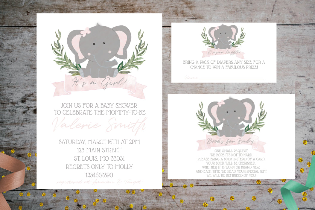 Elephant Baby Shower Invitation Package For A Girl | Baby Elephant Pink Watercolor Invite, Baby Shower, designLEE Studio, designLEE Studio