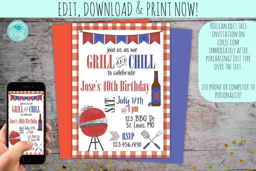 Grill & Chill BBQ 40th Birthday Invitation | Grillin' & Chillin' Party Invite, Birthday Invite, designLEE Studio, designLEE Studio
