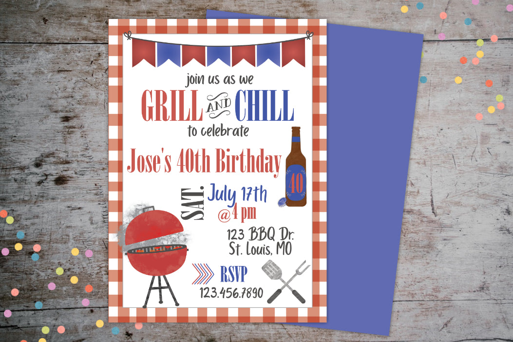 Grill & Chill BBQ 40th Birthday Invitation | Grillin' & Chillin' Party Invite, Birthday Invite, designLEE Studio, designLEE Studio