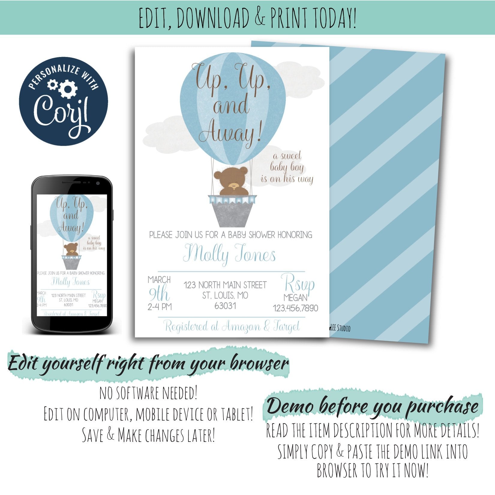 Hot Air Balloon Baby Shower Invitation For a Boy |  Up, Up, & Away Baby Shower Party Package, Baby Shower, designLEE Studio, designLEE Studio