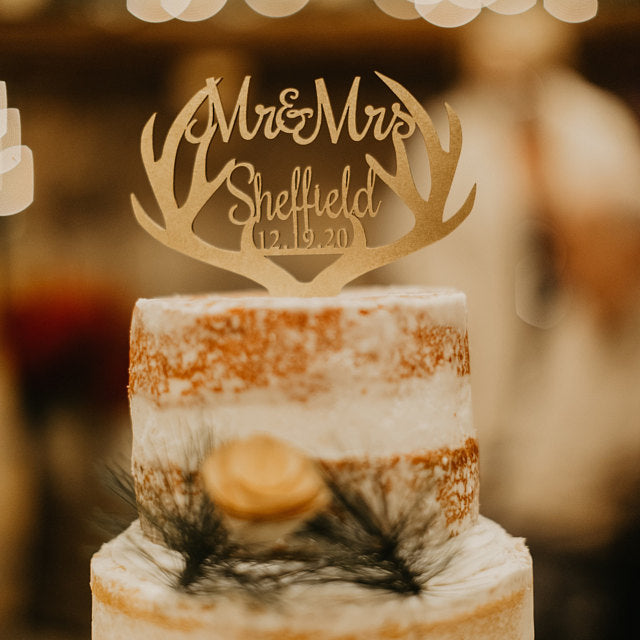 Deer Antler Cake Topper | Custom Wedding Cake Topper Personalized | Mr and Mrs Wedding Cake Topper - designLEE Studio