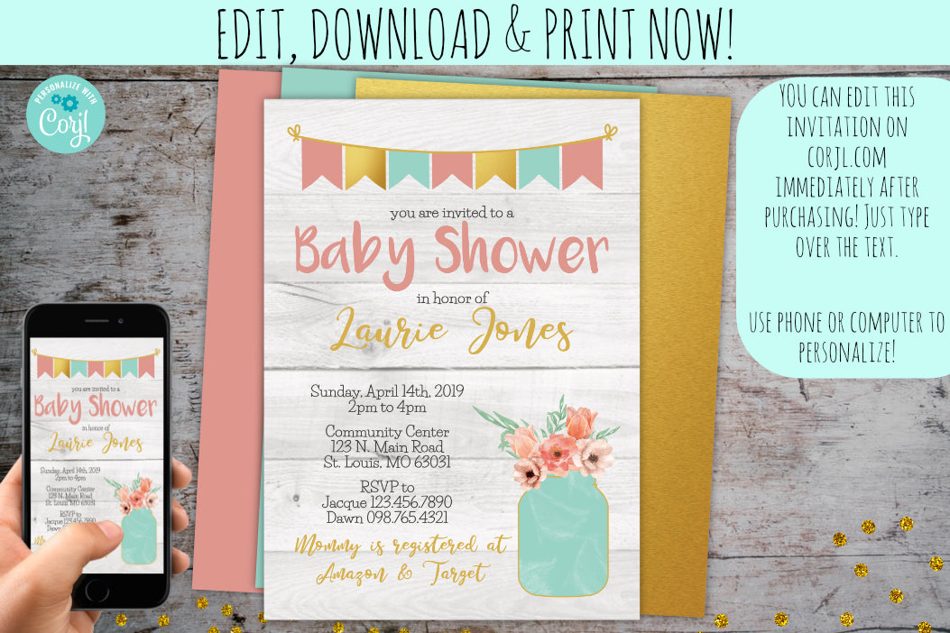 Shabby Chic Baby Shower Invitation | Rustic Grey Floral Mason Jar, Baby Shower, designLEE Studio, designLEE Studio