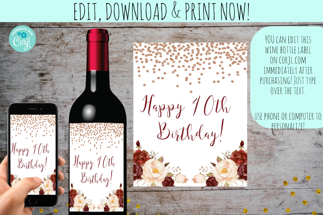 Printable Birthday Wine Bottle Labels | Happy Birthday Wine Bottle Labels, Digital Download, designLEE Studio, designLEE Studio