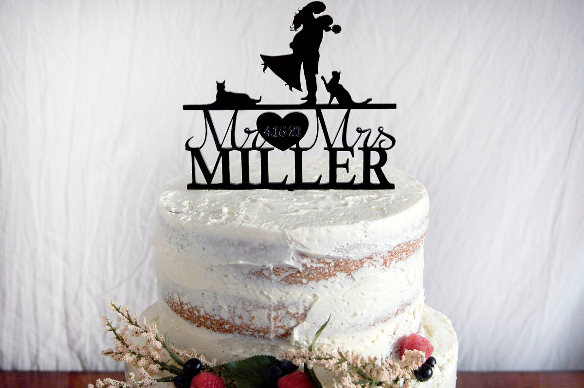 Silhouette Wedding Cake Topper | Custom Bride &amp; Groom Anniversary Topper | Personalized Family Name | Custom Dogs or Pets | Wood or Acrylic Gift, Cake Toppers, designLEE Studio, designLEE Studio