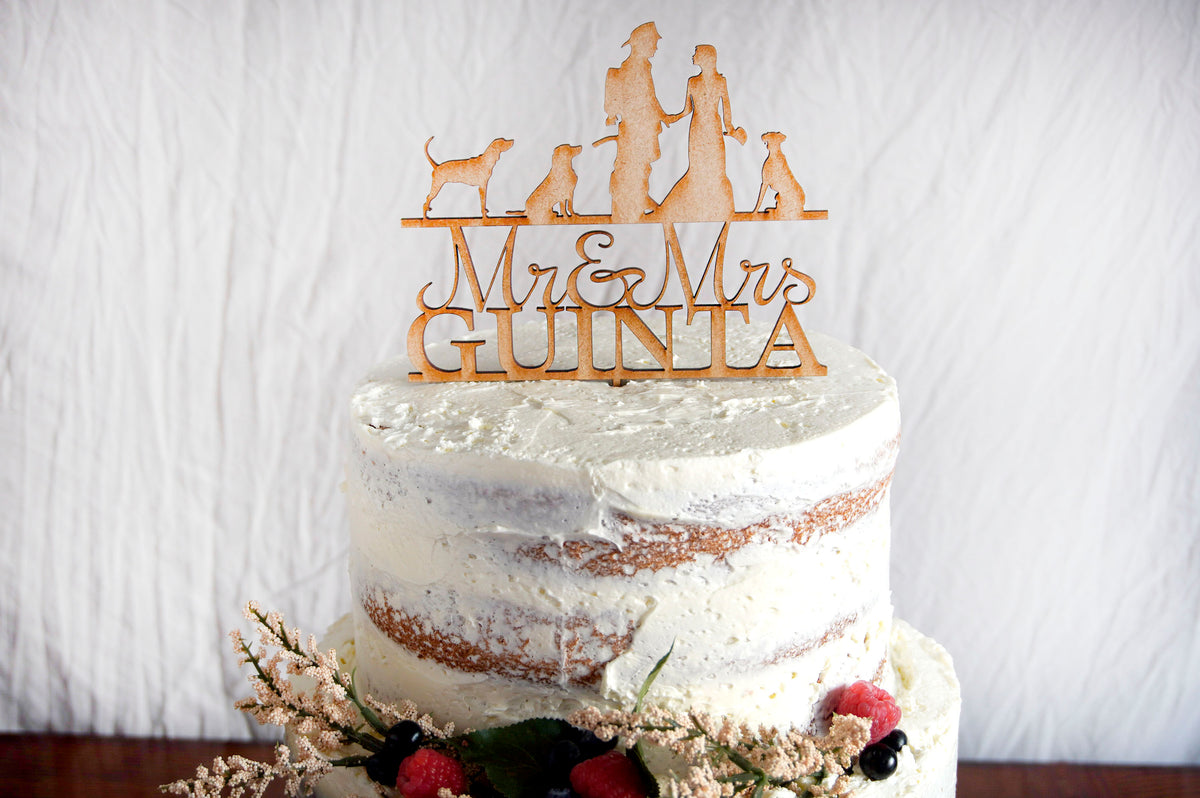 Silhouette Wedding Cake Topper | Custom Bride &amp; Groom Anniversary Topper | Personalized Family Name | Custom Dogs or Pets | Wood or Acrylic Gift, Cake Toppers, designLEE Studio, designLEE Studio