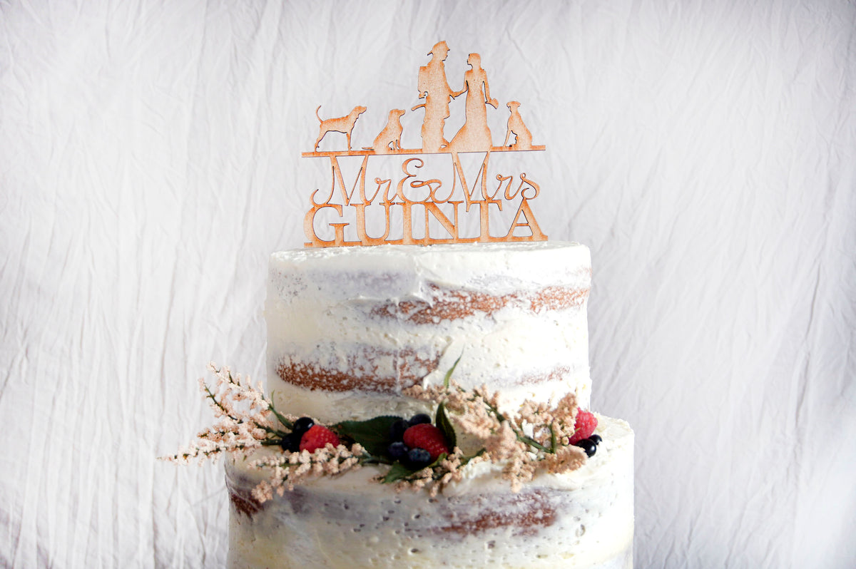 Silhouette Wedding Cake Topper | Custom Bride &amp; Groom Anniversary Topper | Personalized Family Name | Custom Dogs or Pets | Wood or Acrylic Gift, Cake Toppers, designLEE Studio, designLEE Studio