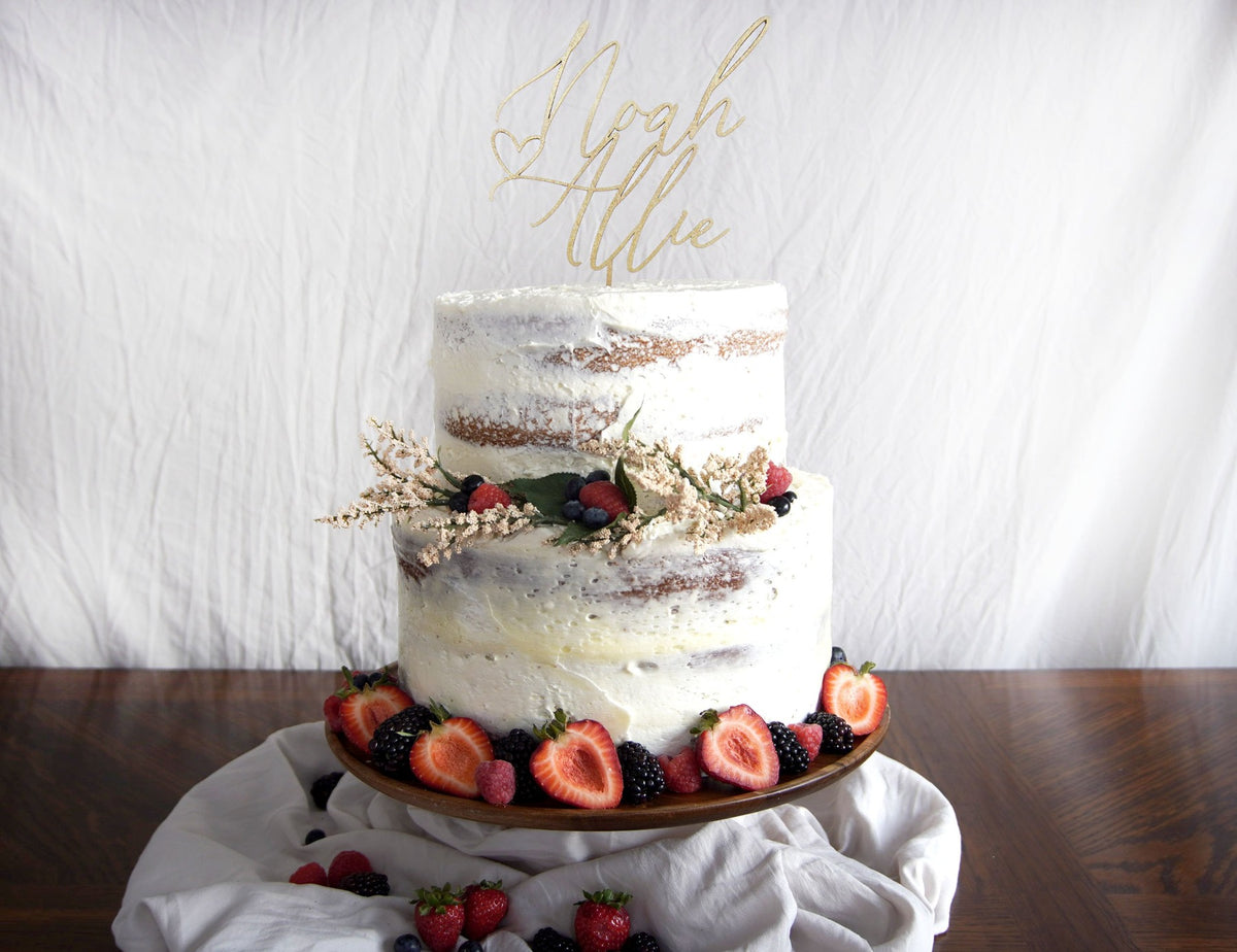 Rustic Couples Name Wedding Cake Topper | Calligraphy Script | Personalized Anniversary Topper | Gold, Silver, &amp; Rose Gold Wood Gift, Cake Toppers, designLEE Studio, designLEE Studio