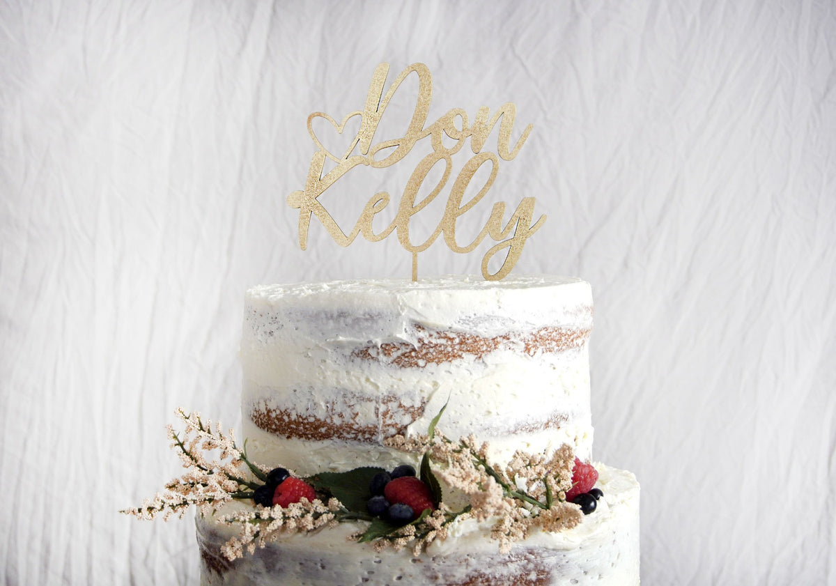 Rustic Couples Name Wedding Cake Topper | Calligraphy Script | Personalized Anniversary Topper | Gold, Silver, &amp; Rose Gold Wood Gift, Cake Toppers, designLEE Studio, designLEE Studio