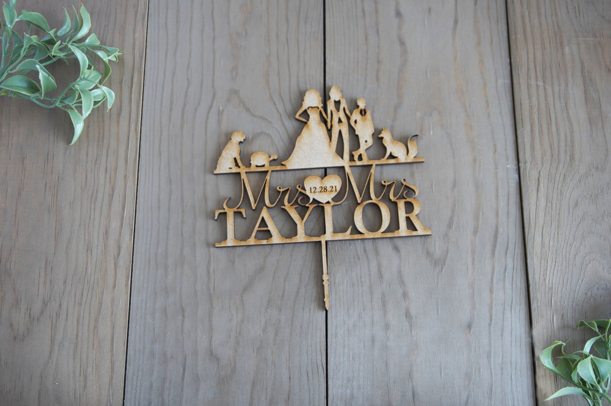 Family Silhouette Wedding Cake Topper | Personalized Bride &amp; Groom Cake Topper | Custom Acrylic or Wood Cake Topper, Wedding Cake Topper, designLEE Studio, designLEE Studio