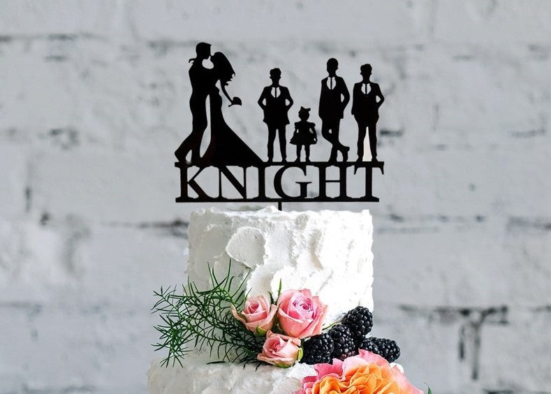 Family Silhouette Wedding Cake Topper | Personalized Bride &amp; Groom Cake Topper | Custom Acrylic or Wood Cake Topper, Wedding Cake Topper, designLEE Studio, designLEE Studio