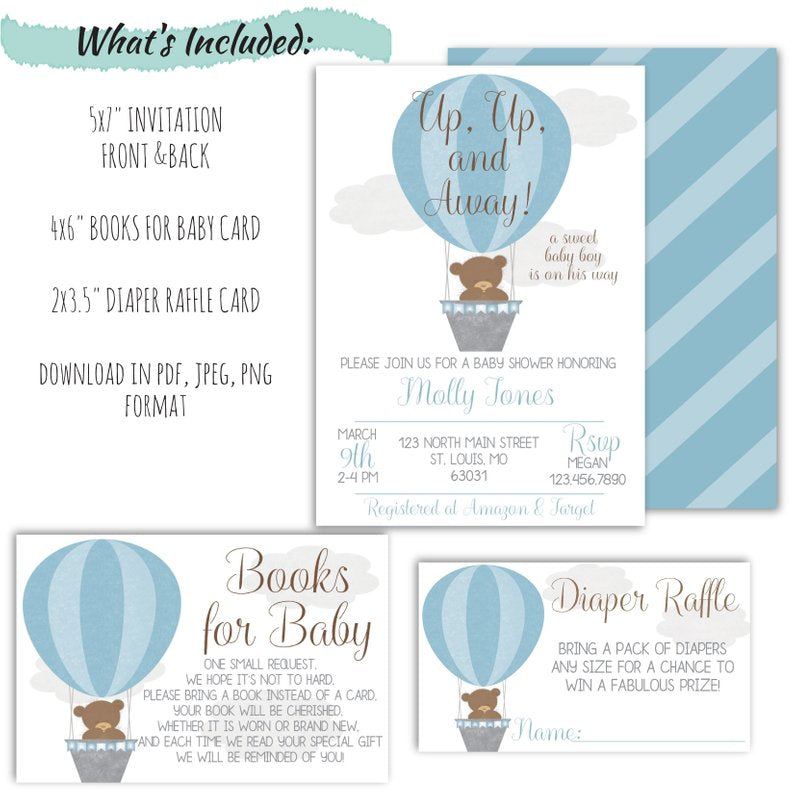 Hot Air Balloon Baby Shower Invitation For a Boy | Up, Up, & Away