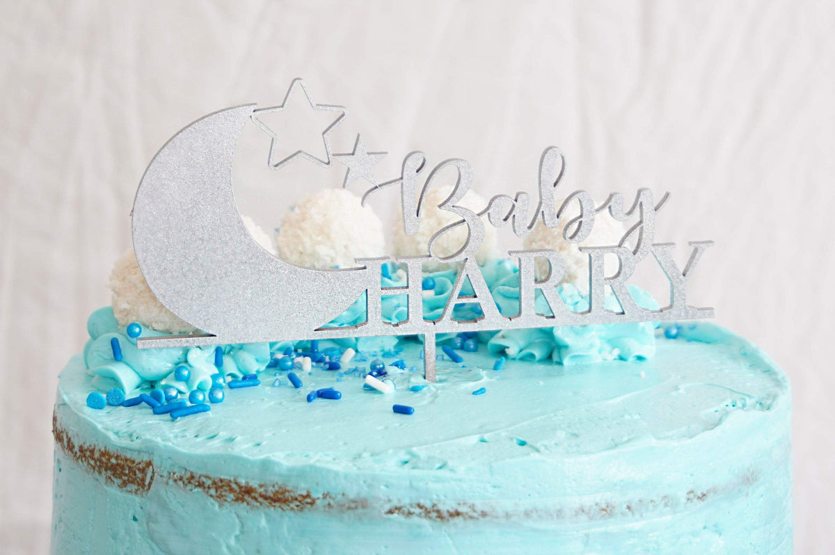 Custom Baby Shower Cake Topper | Personalized Baby Name Cake Topper | Moon N&amp;#39; Stars Cake Topper | Acrylic or Wood Cake Topper | Boy or Girl