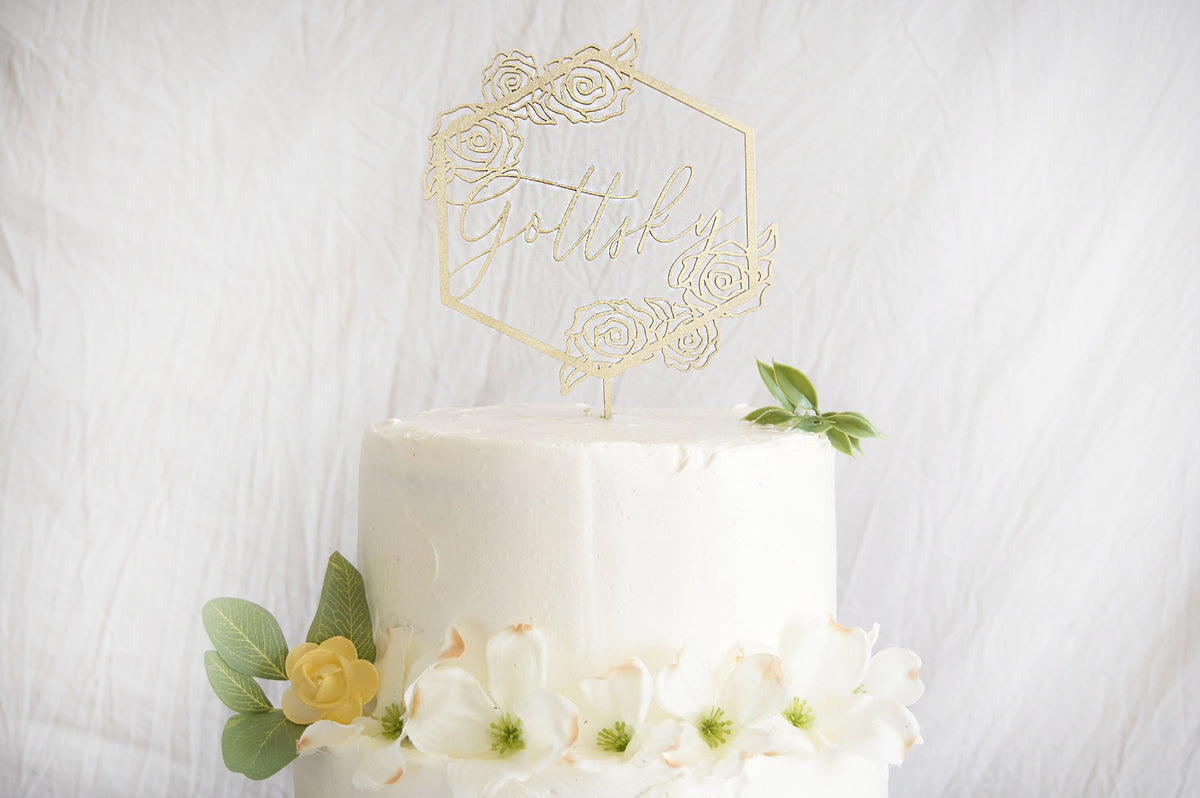 Floral Wedding Cake Topper | Custom Wedding Cake Topper | Personalized Name Geometric Cake Topper | Gold, Silver, or Rose Gold Wood Gift