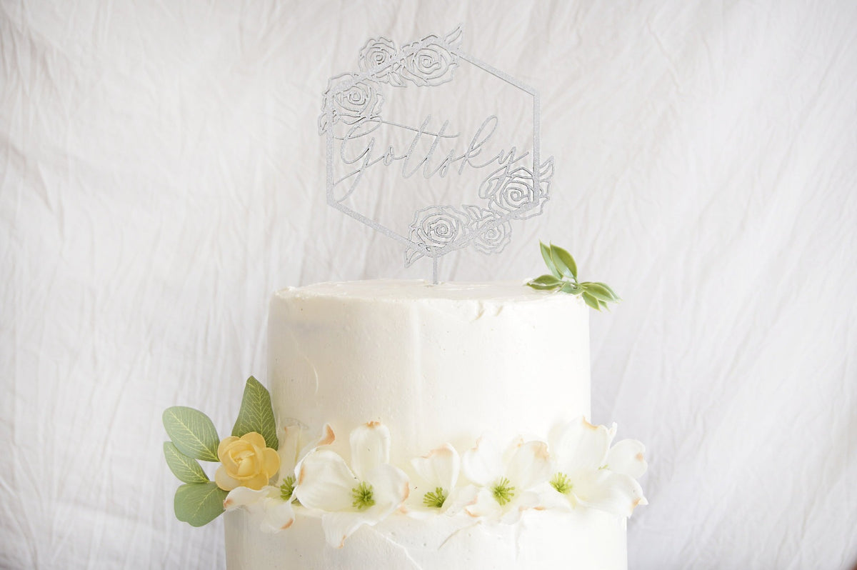 Floral Wedding Cake Topper | Custom Wedding Cake Topper | Personalized Name Geometric Cake Topper | Gold, Silver, or Rose Gold Wood Gift