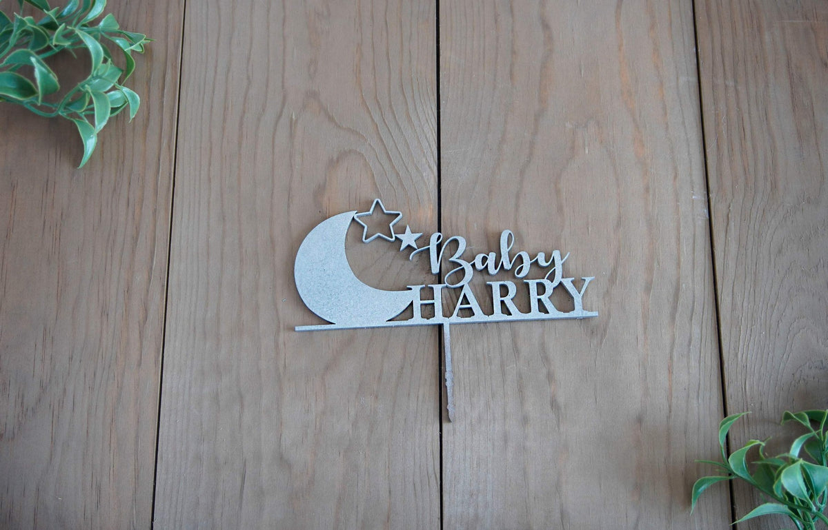 Custom Baby Shower Cake Topper | Personalized Baby Name Cake Topper | Moon N&amp;#39; Stars Cake Topper | Acrylic or Wood Cake Topper | Boy or Girl