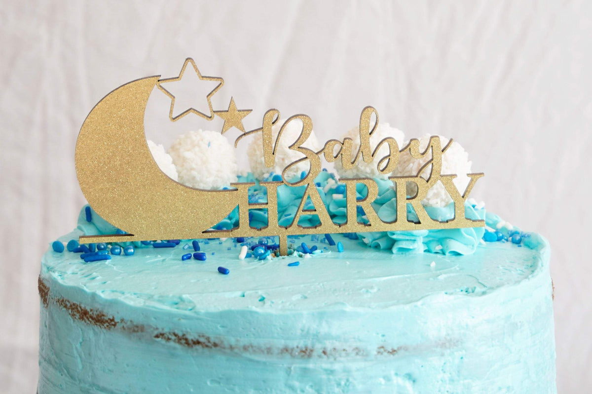 Custom Baby Shower Cake Topper | Personalized Baby Name Cake Topper | Moon N&amp;#39; Stars Cake Topper | Acrylic or Wood Cake Topper | Boy or Girl