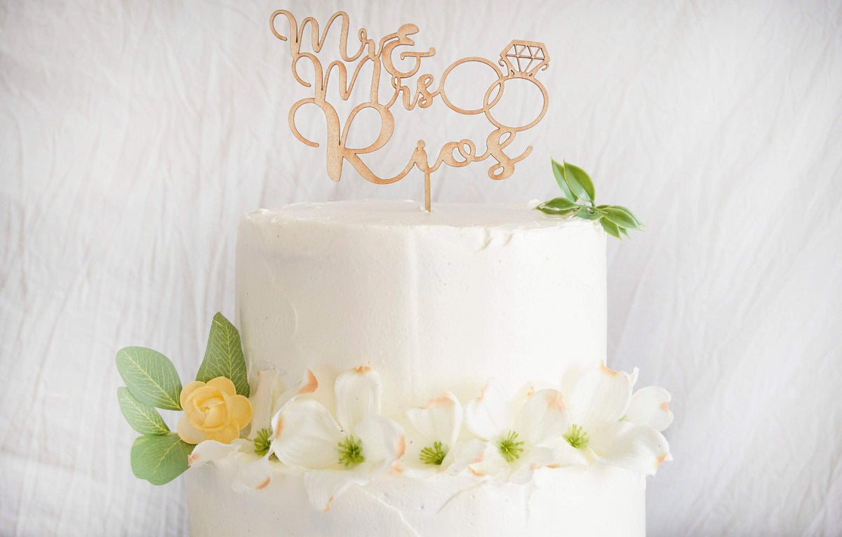 Mr &amp; Mrs Engagement Cake Topper | Custom Wedding Cake Topper | Calligraphy Script Cake Topper | Engagement Ring Cake Topper