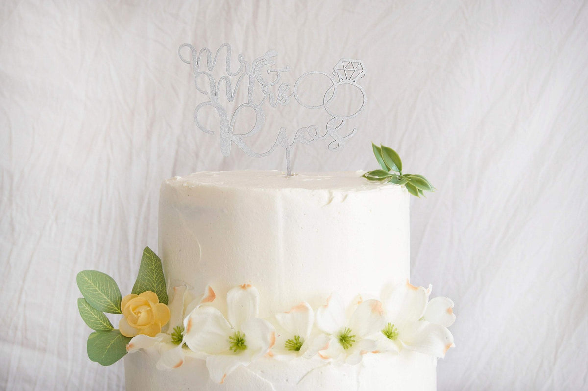 Mr &amp; Mrs Engagement Cake Topper | Custom Wedding Cake Topper | Calligraphy Script Cake Topper | Engagement Ring Cake Topper