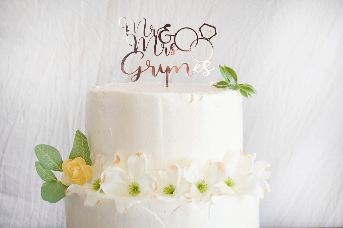 Mr &amp; Mrs Engagement Cake Topper | Custom Wedding Cake Topper | Calligraphy Script Cake Topper | Engagement Ring Cake Topper