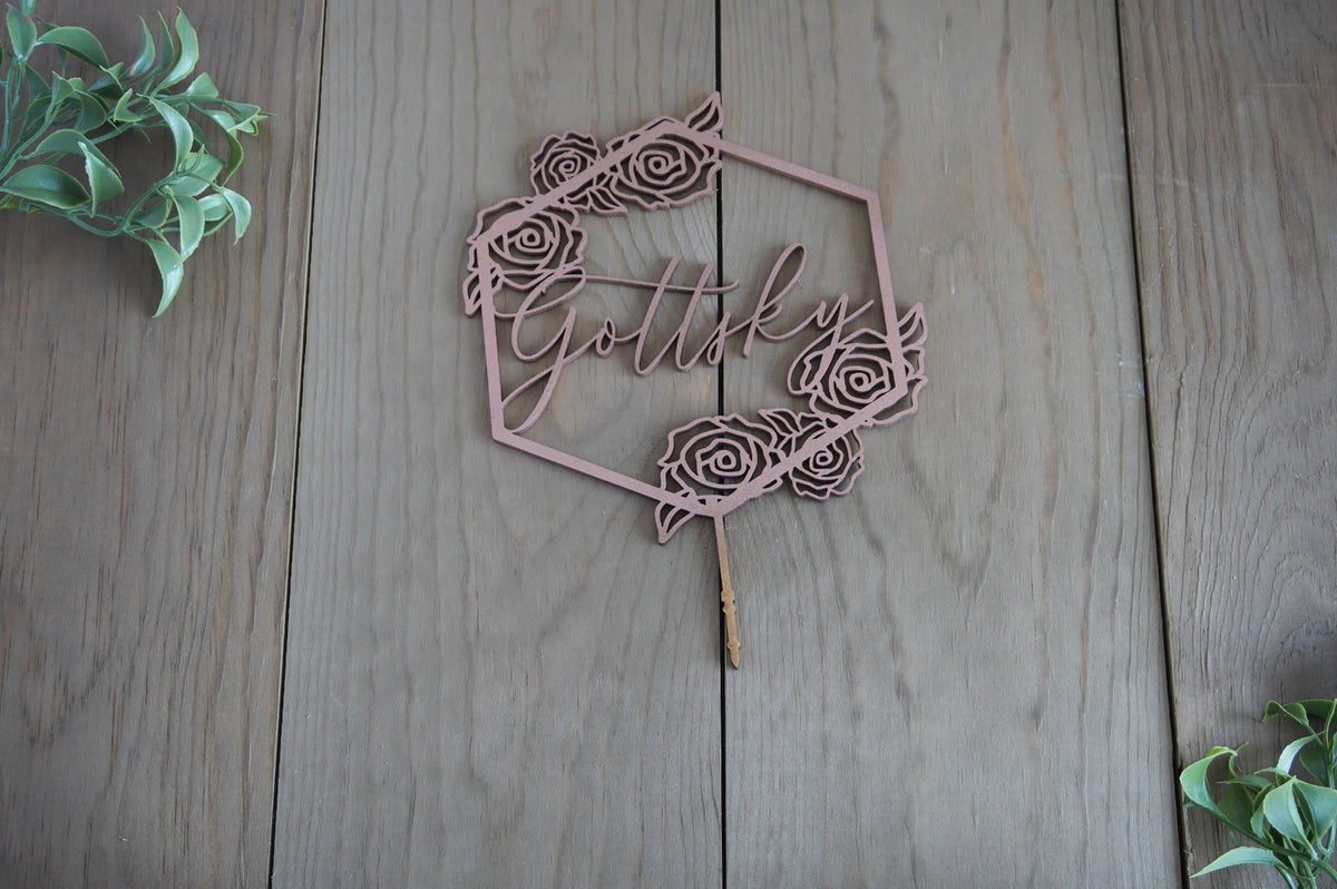 Floral Wedding Cake Topper | Custom Wedding Cake Topper | Personalized Name Geometric Cake Topper | Gold, Silver, or Rose Gold Wood Gift