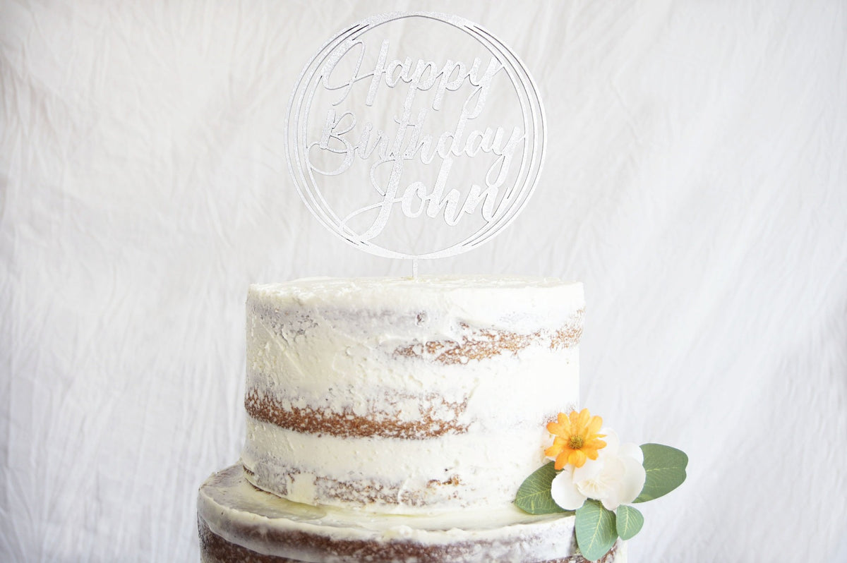Happy Birthday Cake Topper | Custom Birthday Cake Topper | Personalized Name Cake Topper | Gold, Silver, Rose Gold, &amp; Natural Wood Topper