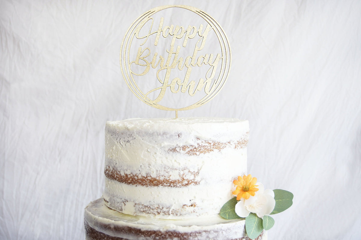 Happy Birthday Cake Topper | Custom Birthday Cake Topper | Personalized Name Cake Topper | Gold, Silver, Rose Gold, &amp; Natural Wood Topper