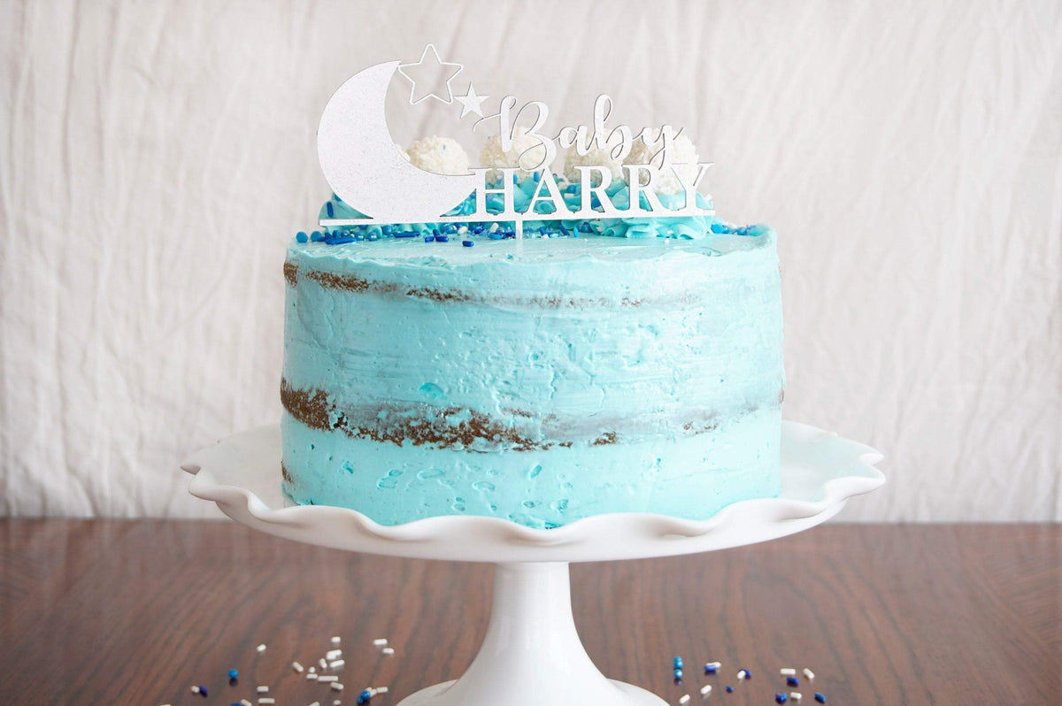 Custom Baby Shower Cake Topper | Personalized Baby Name Cake Topper | Moon N&amp;#39; Stars Cake Topper | Acrylic or Wood Cake Topper | Boy or Girl