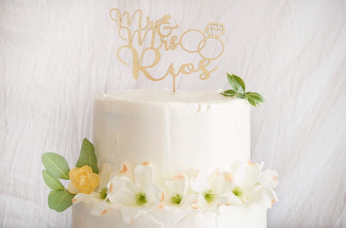 Mr &amp; Mrs Engagement Cake Topper | Custom Wedding Cake Topper | Calligraphy Script Cake Topper | Engagement Ring Cake Topper